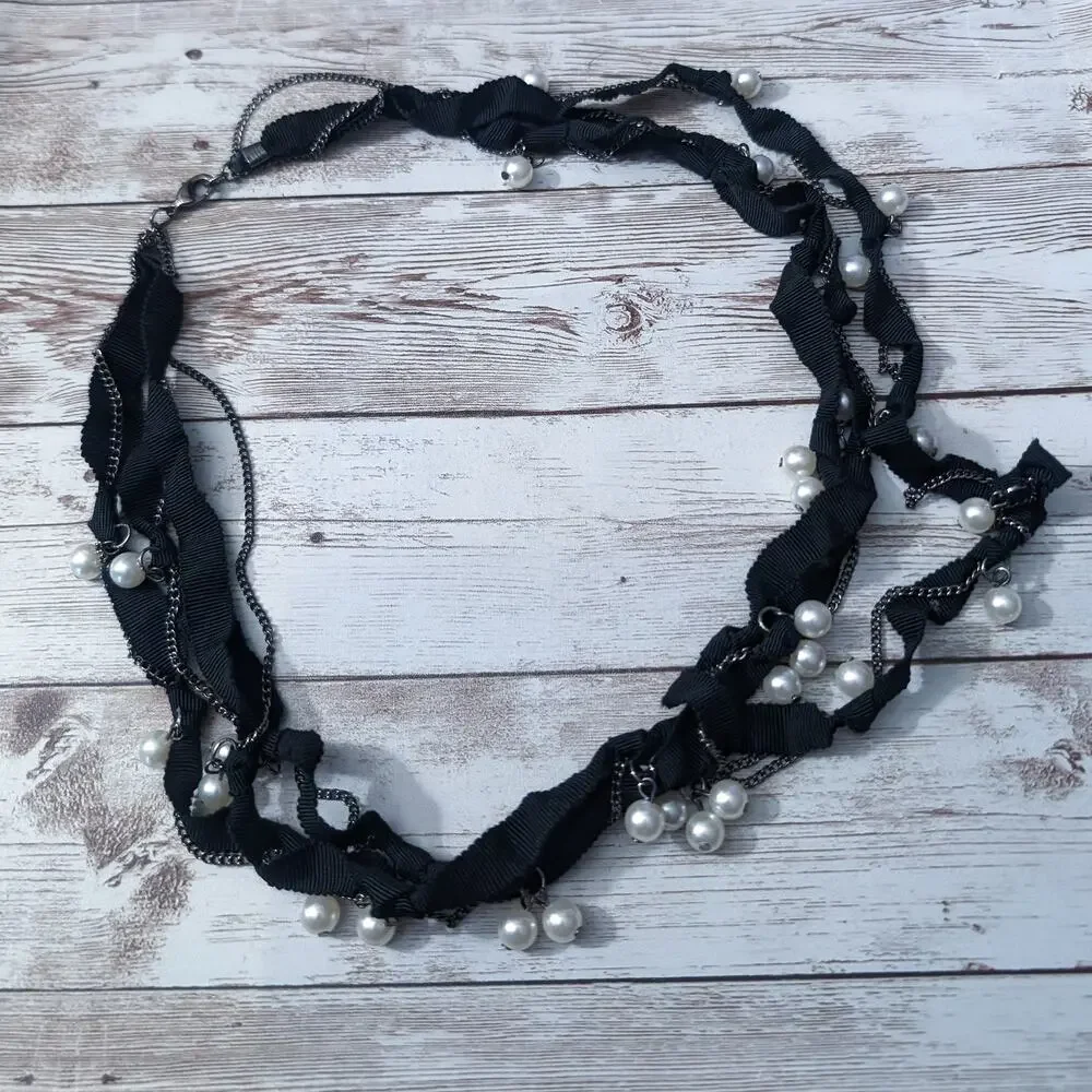 Vintage Statement Necklace Chain & Ribbon Black, Dark Metal, Faux Pearl Layered